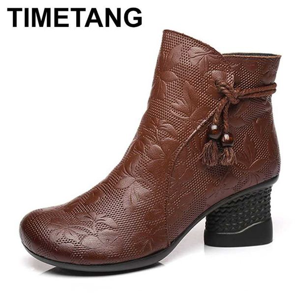 

boots timetangwoman retro engraved flower genuine leather women side zipper cowhide ankle vintage floral warm winter shoes, Black