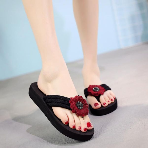 

3 cm high heel women's cute flip flops thick bottom trend leisure pinch sandals and slippers beach holiday slippers house shoes, Black