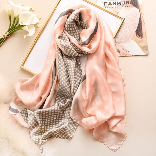 

2020 fashion natural silk scarf women big polka dot bandana foulard female summer pashmina shawls and scarves ladies bufanda new, Blue;gray