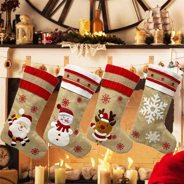 Sackleinen-Weihnachtsgeschenk-Socken, 29 x 47 cm, Kinder-Geschenk-Aufbewahrungssocken, Weihnachtsmann, Elch, Schneemann, Schneeflocke, bedruckt, Baumwollleinen, dekorative Strumpftasche