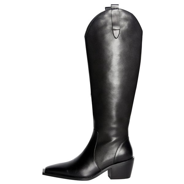 

2020 new square toe cow leather knee-high boots crude heel belt v tube women shoes handsome cowboy riding boots autumn winter, Black