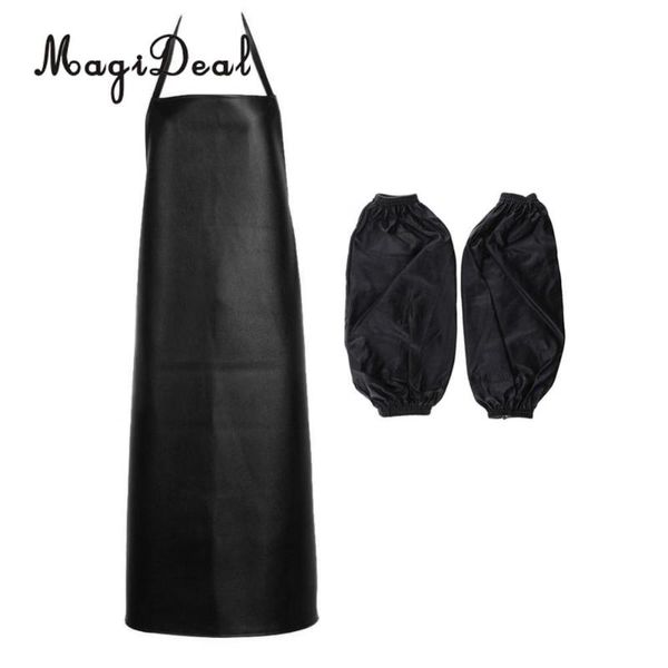 

magideal black waterproof pu apron home kitchen cooking apron dress +sleeves cuffs