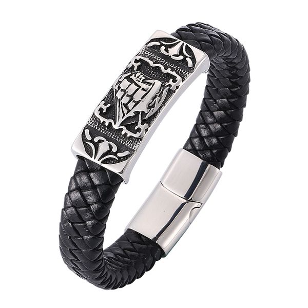 

men boat bracelet black braided leather bracelet stainless steel magnetic buckle punk jewelry bangles gifts bb807, Golden;silver