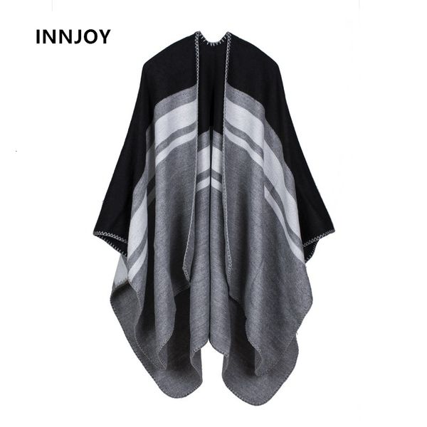

2020 winter warm scarf poncho for women retro geometric cape femme thick ponchos and capes woman coat cloak tippet plus size, Blue;gray