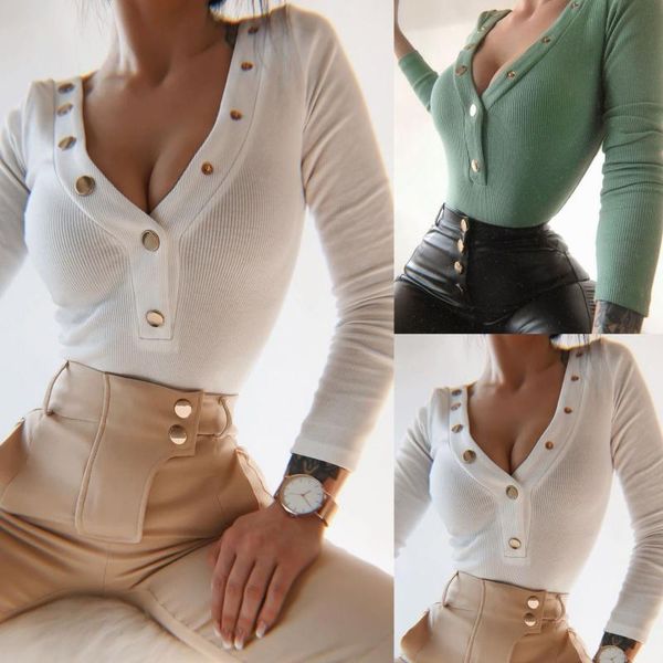 

2020 autumn women slim-fit short-sleeved t-shirt v-neck buttons fashion long sleeve solid color shopping daily wear, White