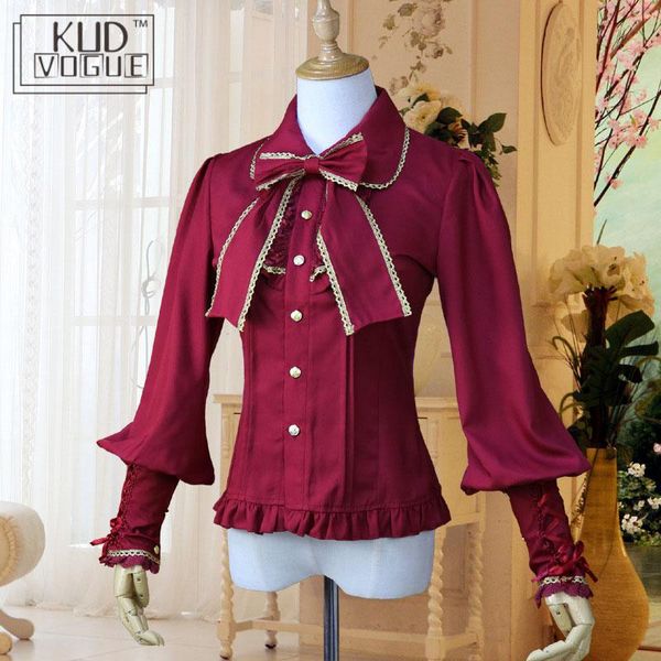 

vintage lolita shirt victorian gothic blouses costume women steampunk slim fit chiffon blouse bow tie lantern sleeves blusas, White