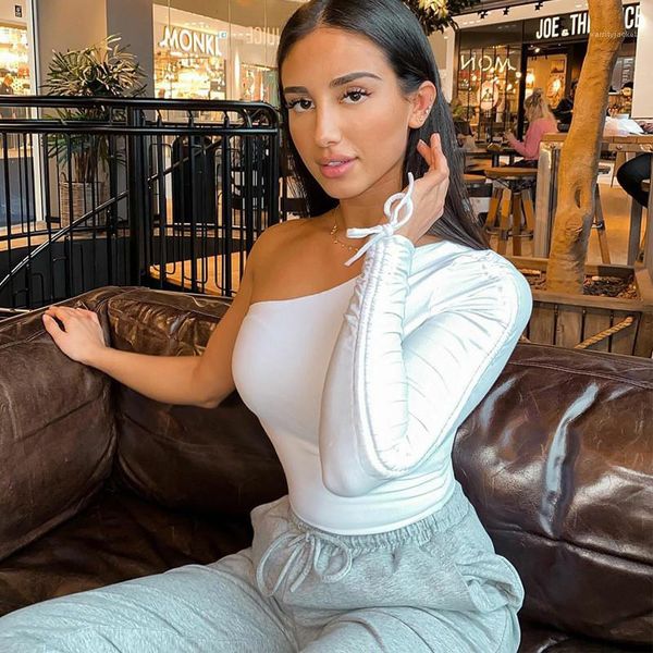 

shirts one shoulder crop fashion natural color drawstring long sleeve t shirts women designer clothes womens designer t, White
