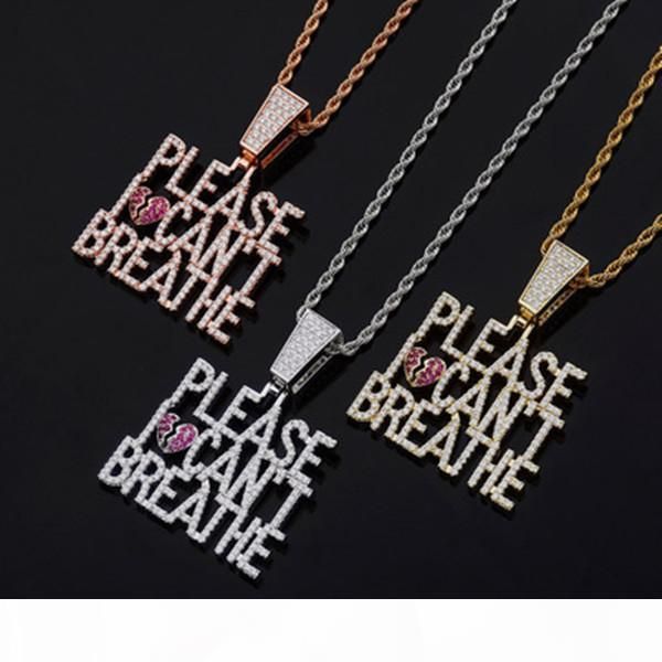 

please i can't breathe letter sign pendant necklace diamond copper letters design hip hop pendant necklace, Silver