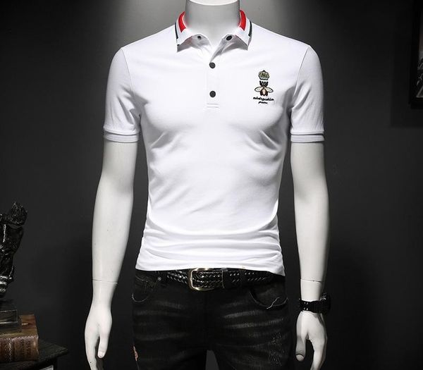 

mens designer fashion pearl cotton little bee embroidery slim half sleeve polo shirt, White;black