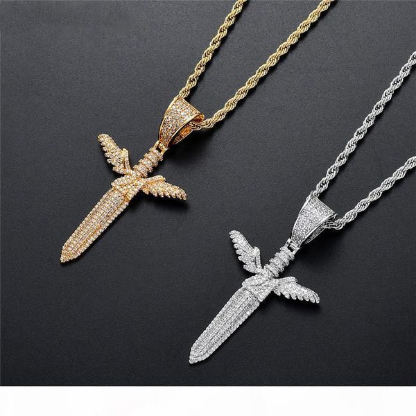 

золото серебро покрыло большие крылья ангела меч iced out циркон lab алмазный bling mens hip hop подарка ювелирных изделий, Silver