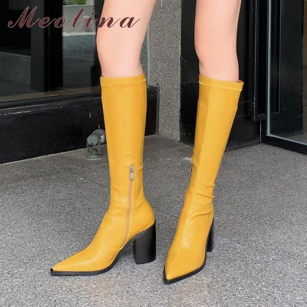 

meotina women knee-high boots shoes pointed toe thick heels long boots zip super high heel ladies autumn winter black 40