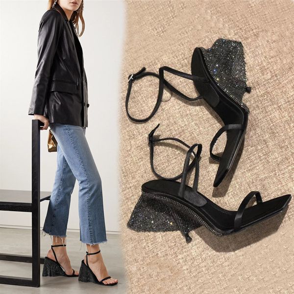 

black satin sandals women open toe tassel crystal high heel buckle strap gladiator sandals 2020 summer women shoes woman slipper