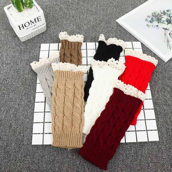 

women fashion knitted half finger gloves multi color lace long mitten arm warmer cute autumn winter warm accessories, Blue;gray
