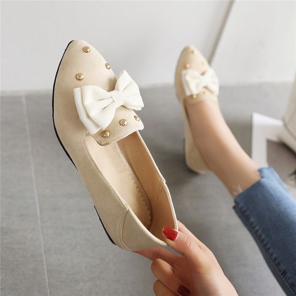 

ymechic spring 2020 new bowtie rivet women flats flock black beige pink slip on lolita womans shoes loafers plus size flat heel