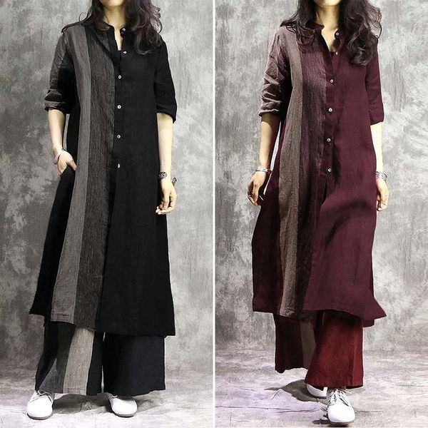 

casual dresses zanzea women's shirt sundress kaftan patchwork mid-claf dress long sleeve vestidos female button down robe plus size 5xl, Black;gray