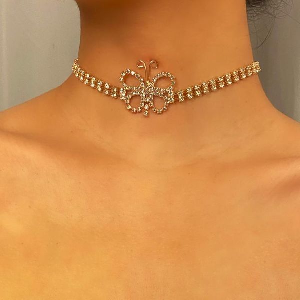 

purui sweet crystal chain butterfly necklace for women bohemia gold color cute rhinestone butterfly short choker necklace collar, Silver