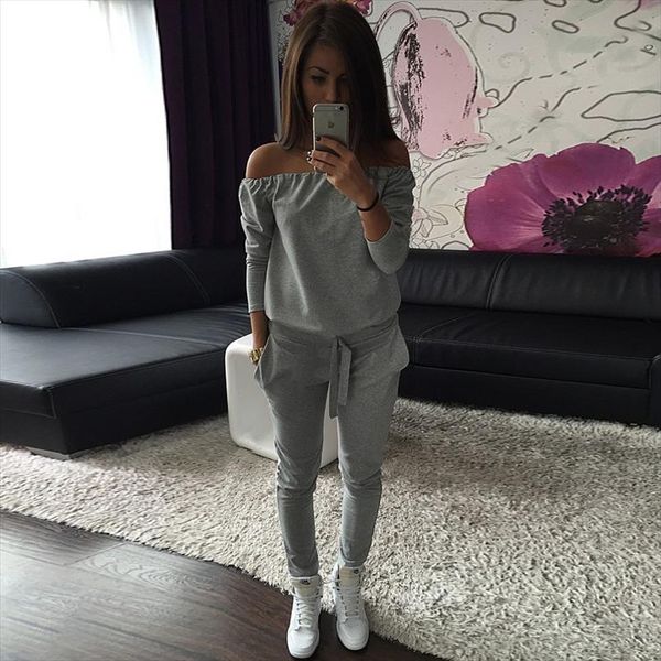 

summer autumn loose women set off shoulder cropped and harem pants elegant party 2 pieces sets women casual suits, Gray
