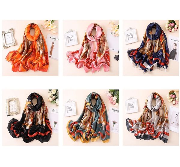 

2020 fashion silk satin printing imitation silk scarf women's sunscreen shawl dual-use long thin all seasons women shawl, Blue;gray