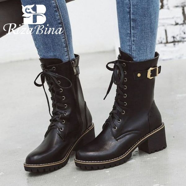 

rizabina women half short boots casual lace up platform shoes women fashion zipper winter warm fur high heel boots size 33-43, Black