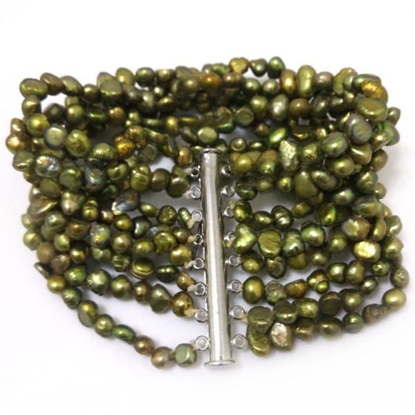 

tennis 7.5 inches 8 rows 6-7mm army green natural freshwater nugget baroque pearl bracelet, Golden;silver