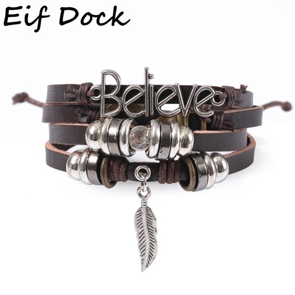 

eif dock multilayer brown believe words charm rope handwoven beads leaves pendant leather bracelets women bangles, Golden;silver