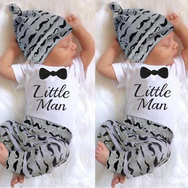 

newborn kids baby boys print bow sets outfits clothes romper +long pants+hat set o-neck 827, White