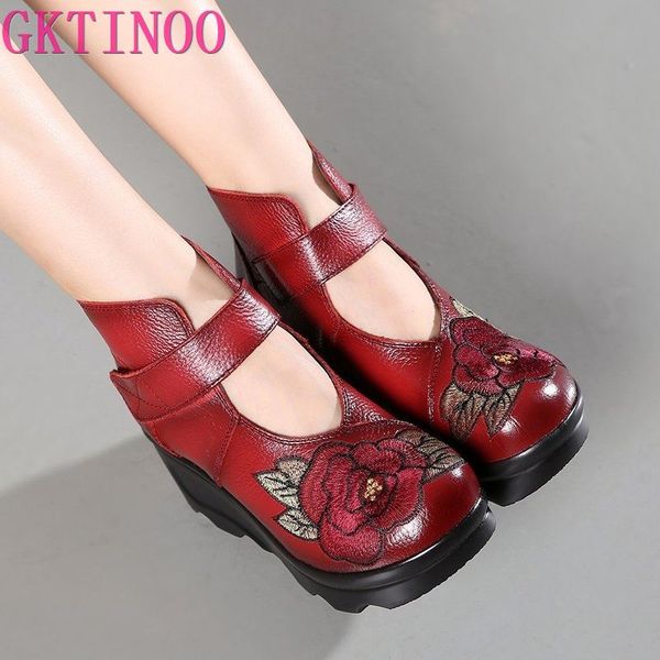 

boots arrival 2021 fashion women autumn genuine leather handmade vintage flower embroidered ankle botines wedges shoes woman, Black