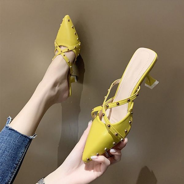 

женская обувь toe rivet остроконечные креста тапочки женские сандалии женщина высоких каблуках обувь pu мода лето 2020 элегантная женщина му, Black