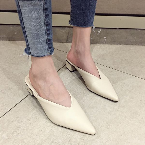 

2020 summer fashion women pointed toe slipper nude white square low heels outsides ladies slides beach mules shoes, Black