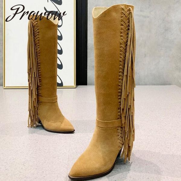

prowow new tan genuine leather fringe knee high boot pointed toe slip on spikle heel cowboy boots shoes women zapatos mujer, Black