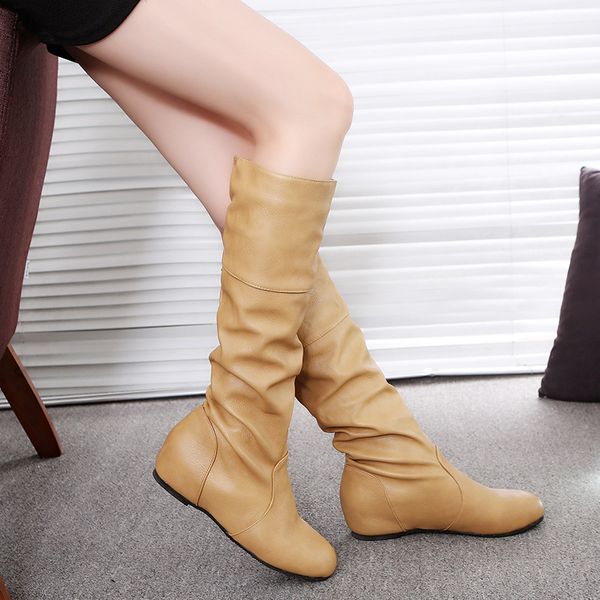

boots winter leather casual solid color round toe zipper flat high-women's shoes retro botas mujer, Black