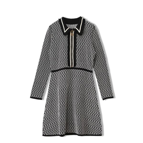 

20fw french style women lapel neck zipper knit dress women elegant retro casual dress size s m l, Black