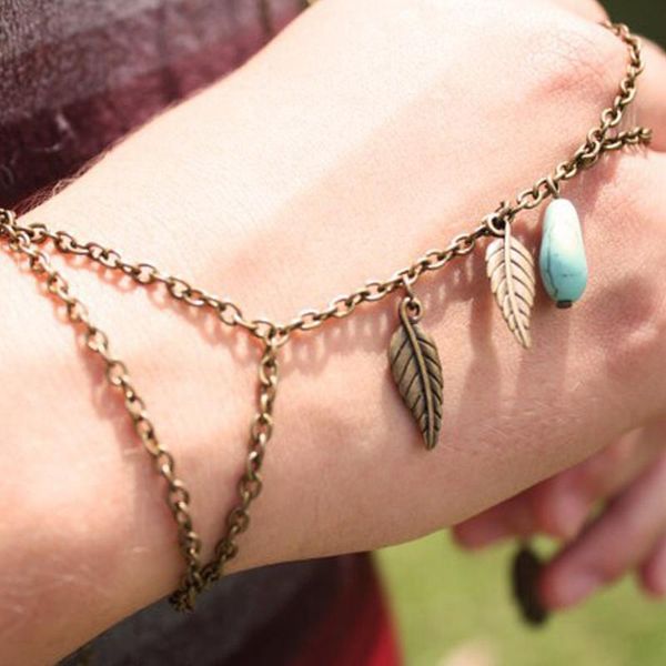 

charm bracelets retro handmade metal leaves stone long chain finger for women personality fashion bracelet hand accessories, Golden;silver