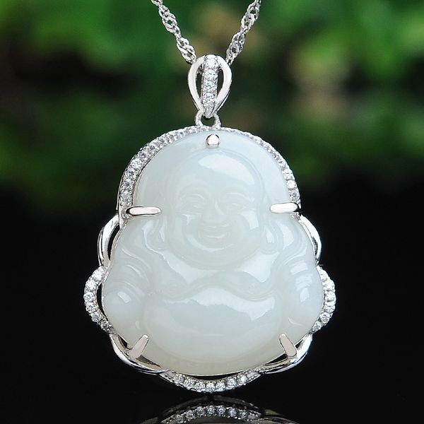 

natural hetian white jade buddha pendant carved maitreya necklaces, Silver