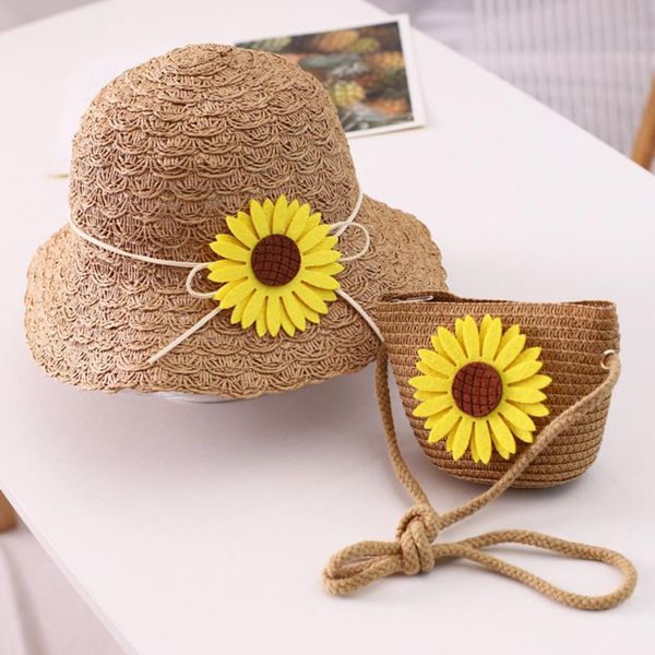 

two piece set child baby sun flower shoulder cap and handbags outdoor princess girl kids straw hat uv protection hats caps bags, Blue;gray