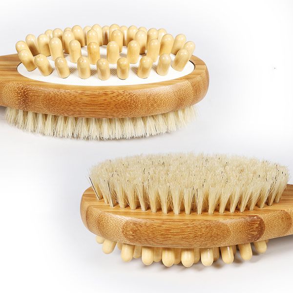 

2-in-1 body brush sided natural bristles body brush scrubber long handle wooden bath massage brushes, Silver