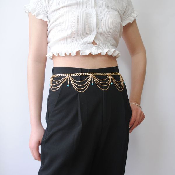 

jewelry bohemian ethnic style exaggerated pine stone tassel waist chain body chain, Silver