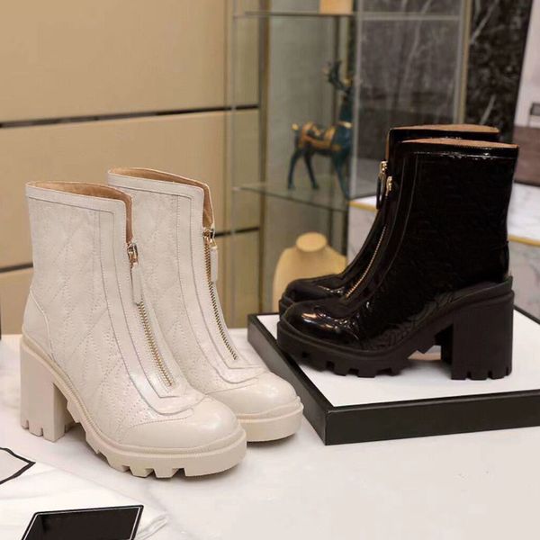 

high heeled boots designer soft cowhide autumn winter coarse heel women shoes 100% real leather zipper fashion letter metal buckle lady heel, Black