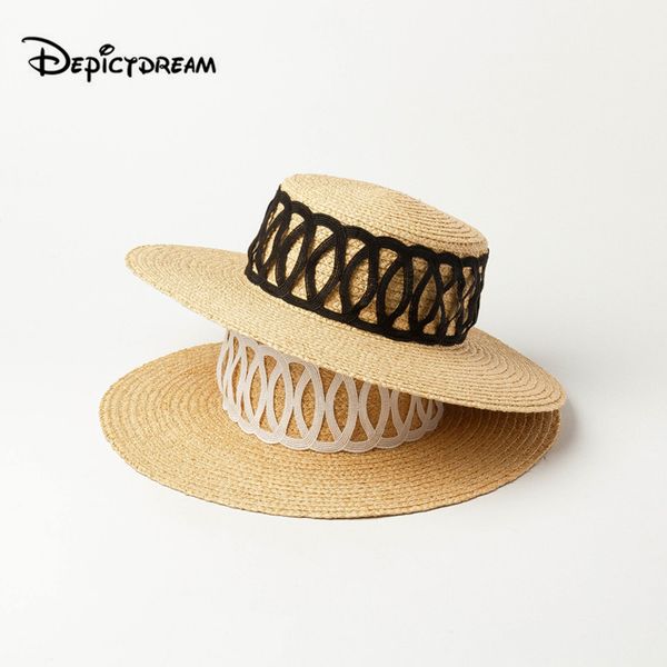 

spring and summer new grid decoration with flat large brim lafite outdoor sun protection lafite straw hat, Blue;gray
