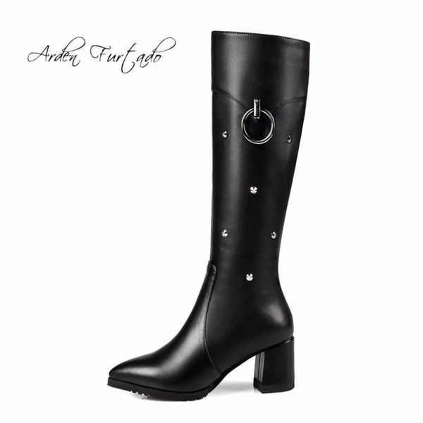 

arden furtado 2020 winter genuine leather fashion rivets hoof heels woman big size small size shoes women plush knee high boots, Black
