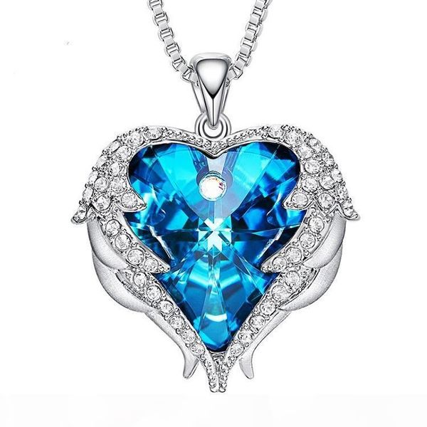 

crystal love pendant necklace for women angel wings blue heart necklace copper mothers day gift fine jewelry silver plated