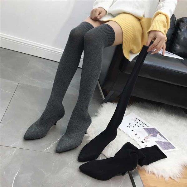 

niufuni тонкий stretch над коленом boots для женщин остроконечные toe носки сапоги 7см тонкий каблук осень обувь женщина botas mujer, Black