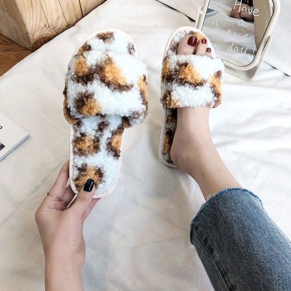 

winter women's shoes indoor slippers house comfortable soft plush slides cute leopard pattern bedroom mute femme pantoufles, Black