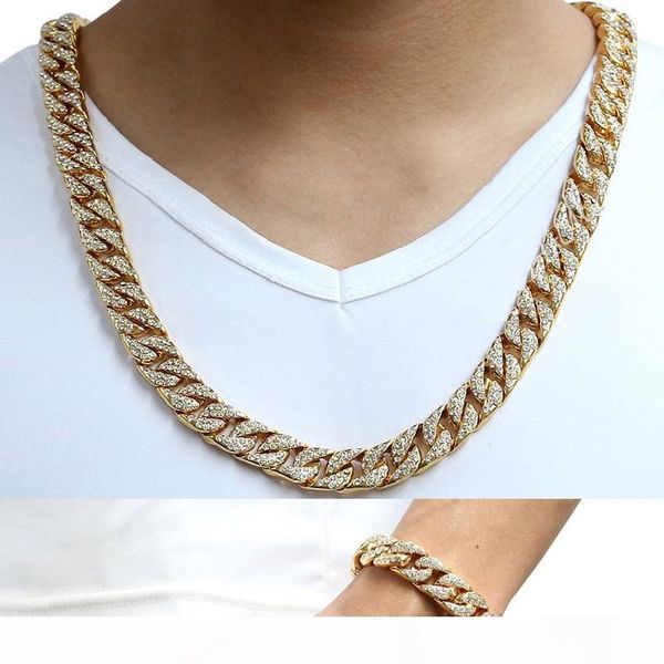 

14mm cool mens chain gold silver hip hop full rhinestones necklace curb cuban link chain and bracelets set