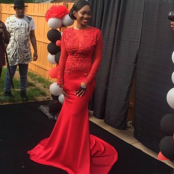 

african red long sleeves lace mermaid evening dresses 2021 with appliques sweep train formal prom party gowns, Black;red