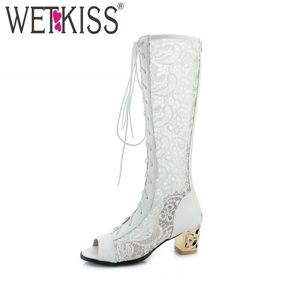 

boots wetkiss thick high heel knee summer women peep toe zipper lace footwear antumn fashion cross tied ladies shoes, Black