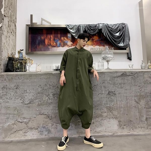 

half sleeve crew neck rompers male streetwear overalls mens loose solid color jumpsuit loose, Black