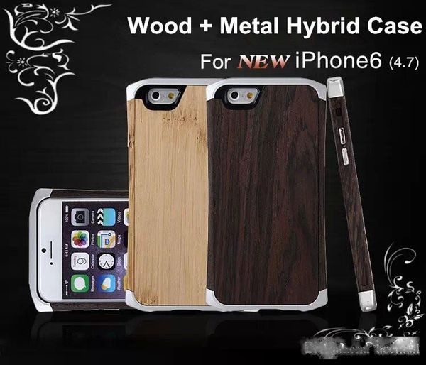 

for iphone 6 / 6 plus wooden case wood bamboo aluminum metal hybrid frame small waist cleave hard back cover w/ leather pouch bag 4.7 5.5
