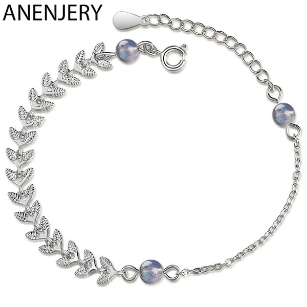 

anenjery natural round crystal moonstone bracelet silver color leaf jewelry bracelets for woman birthday gifts s-b265, Black