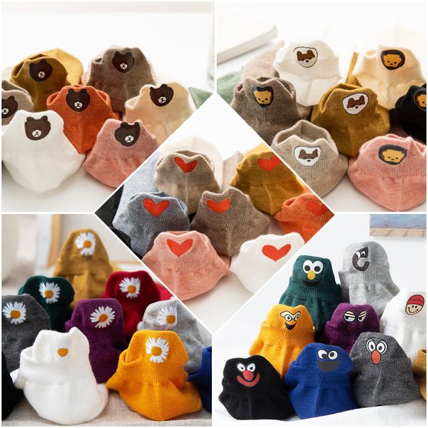 

10pairs women men candy color creative cute cartoon embroidery expression boat socks fashion cotton breathable ankle socks summer, Black